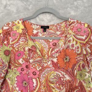 Talbots Tunic Top Silk 3/4 Sleeve Slit Sides Tie Neck Floral Paisley Size XSmall
